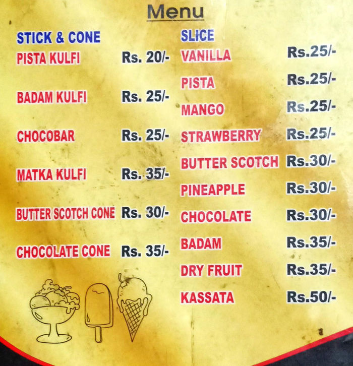 Famous Ice Creams Menu and Price List for Abids, Hyderabad