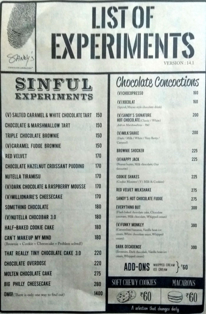 Sandy's Chocolate Laboratory Menu and Price List for Teynampet, Chennai