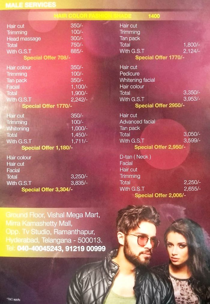 Jawed Habib Hair & Beauty Menu and Price List for Ramanthapur, Hyderabad |  