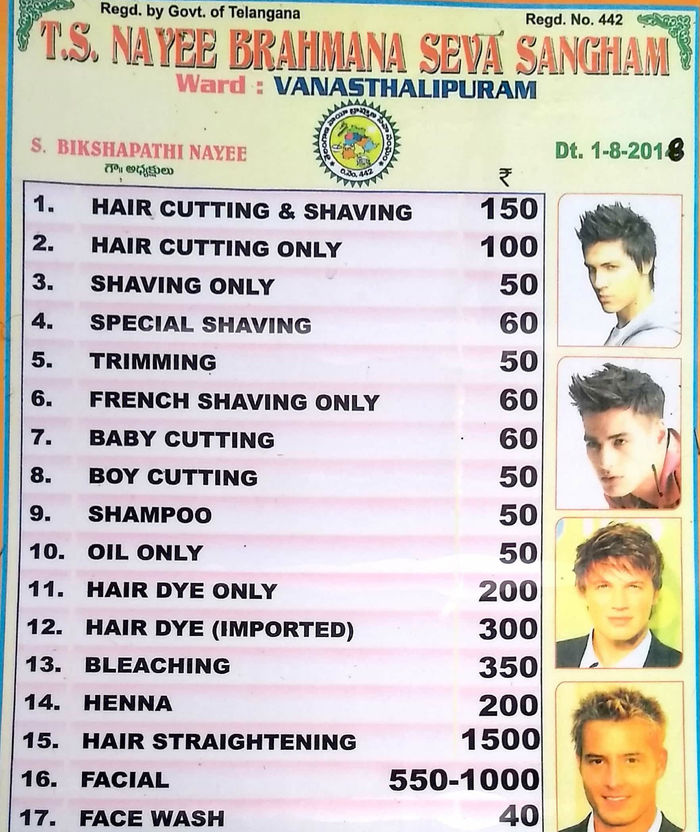 A-1 Hair Styles Menu and Price List for Vanasthalipuram, Hyderabad |  