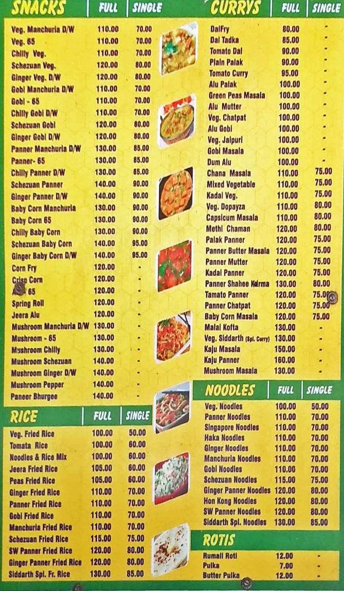 Sree Siddharth Fast Food Menu and Price List for Sainikpuri, Hyderabad