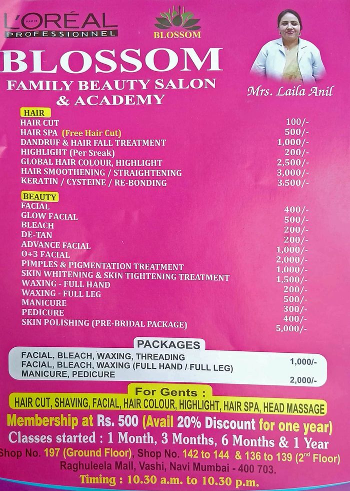 Blossom Family Beauty Salon Menu and Price List for Vashi, Navi Mumbai |  