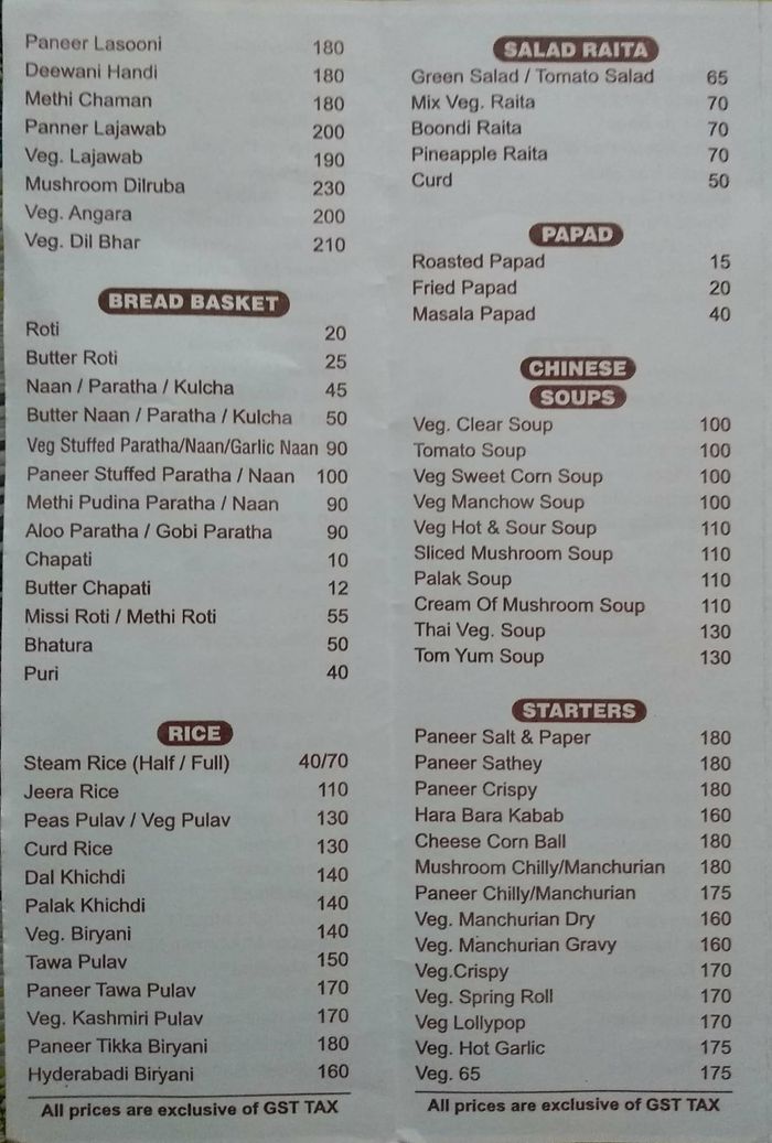 Hotel Twins Pure Veg Menu and Price List for Thane East, Thane