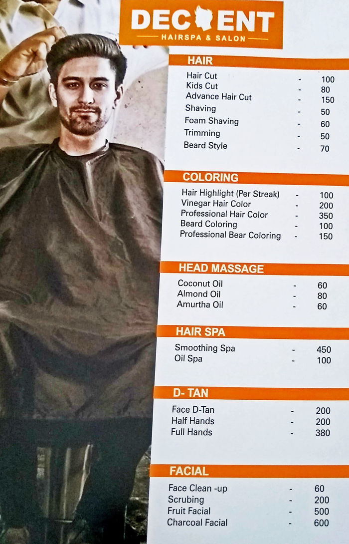 Decent Hair Spa Saloon Menu and Price List for Vanasthalipuram, Hyderabad |  