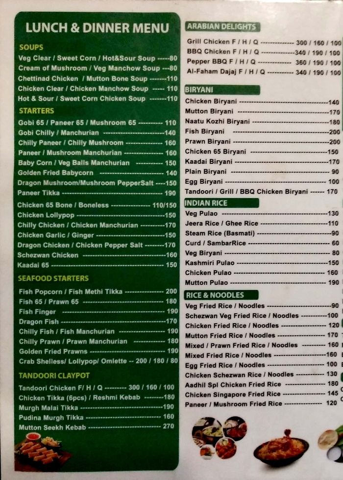 Aadhil Restaurant Menu and Price List for Nungambakkam, Chennai