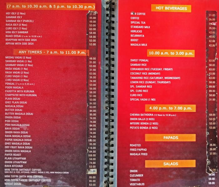 Apoorva's Sangeetha Menu and Price List for Nungambakkam, Chennai