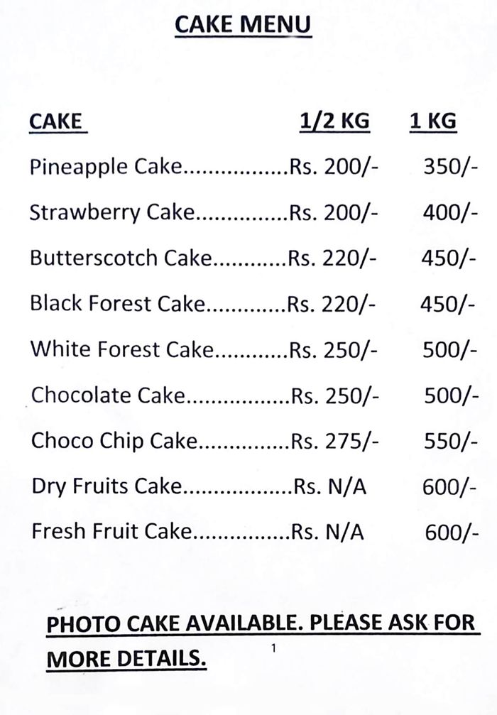 Anmol Sweets & Bakers Menu and Price List for Shapur Nagar, Hyderabad