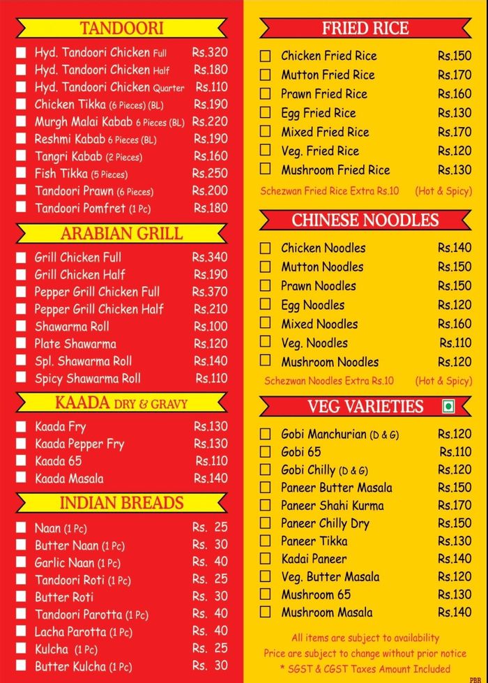 SS Hyderabad Biryani (P) Ltd. Menu and Price List for Parrys, Chennai ...