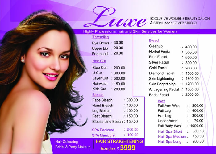 Luxe Exclusive Women's Salon Menu and Price List for Chinnasekkadu, Chennai Luxe Exclusive Women's Salon Menu and Price List for Chinnasekkadu, Chennai