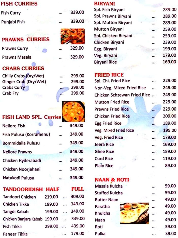 Hotel Fish Land Menu and Price List for Lakdika Pool, Hyderabad