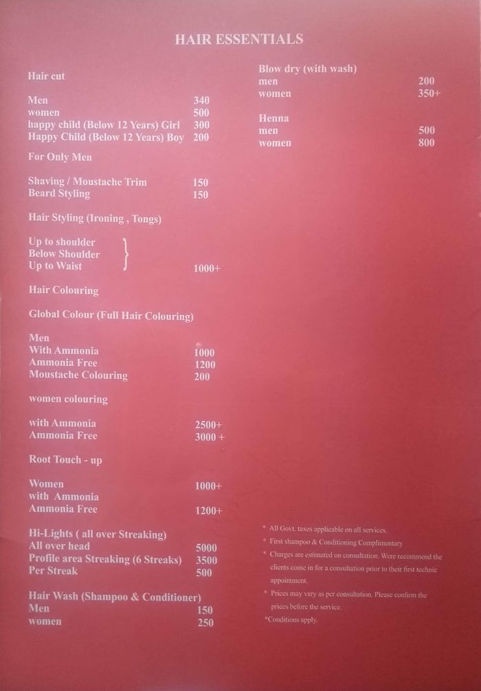 Jawed Habib Hair And Beauty Menu and Price List for Karkhana, Secunderabad  
