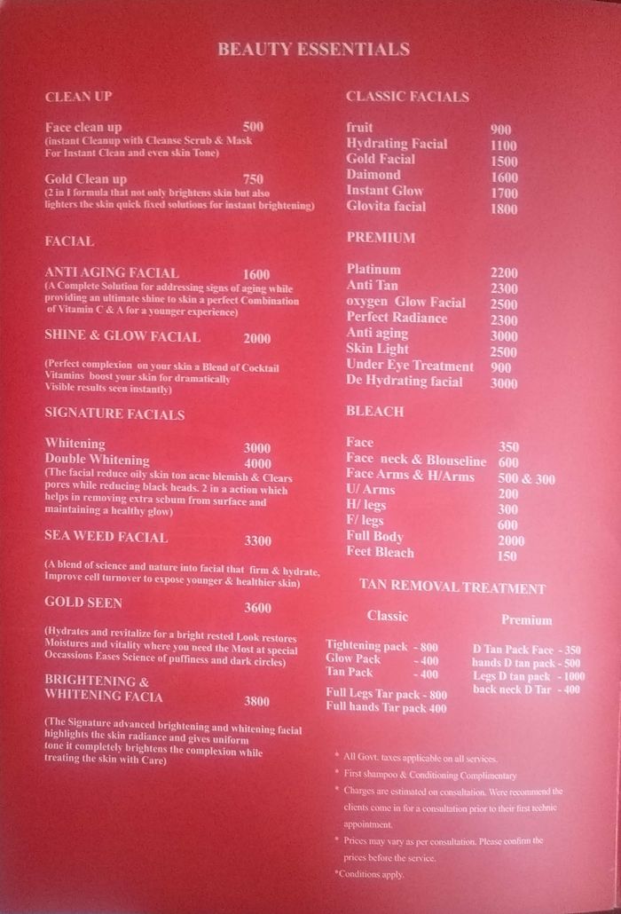 Jawed Habib Hair And Beauty Menu and Price List for Karkhana, Secunderabad  