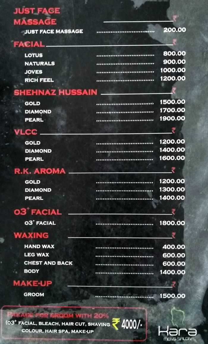 Kara Mens Salon Menu and Price List for Nerul, Navi Mumbai 