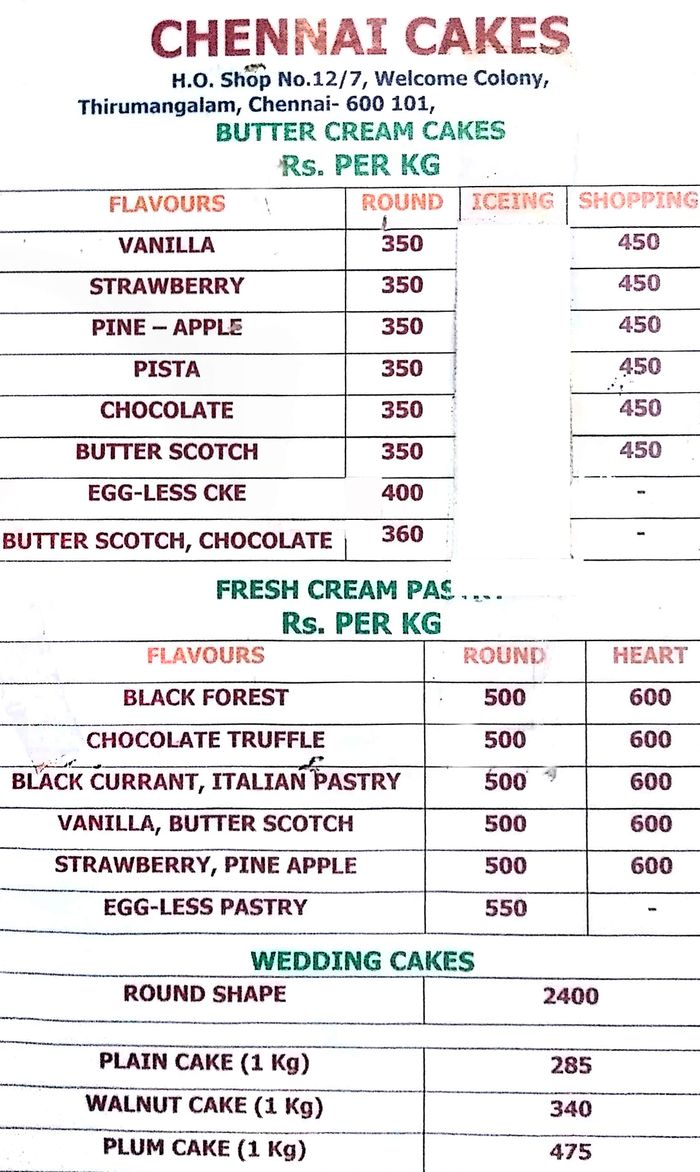 Chennai Cakes Menu and Price List for Anna Nagar West Extension ...