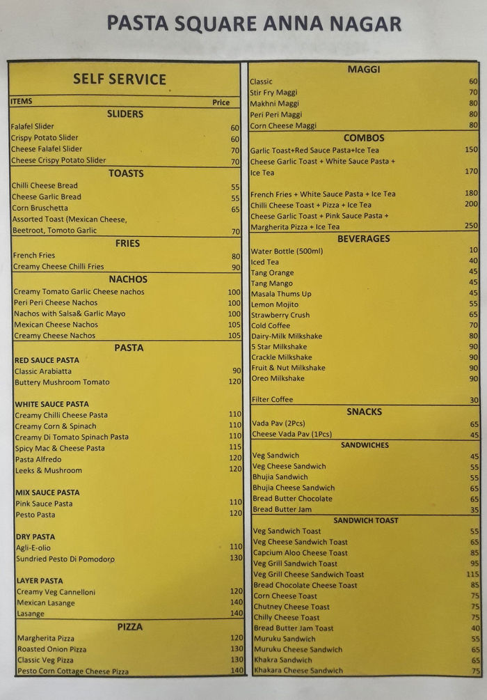 Pasta Square Menu And Price List For Anna Nagar East Chennai