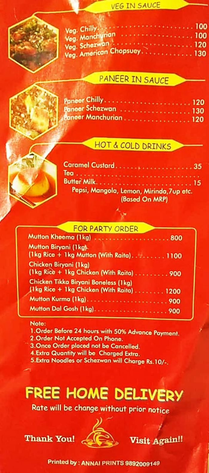 Raj Restaurant Menu and Price List for Goregaon West, Mumbai