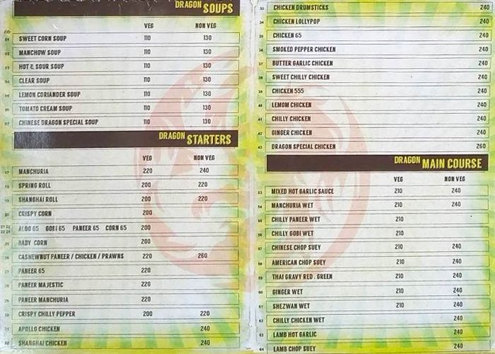 Chinese Dragon Menu and Price List for Jubilee Hills, Hyderabad