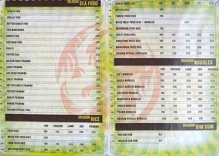 Chinese Dragon Menu and Price List for Jubilee Hills, Hyderabad