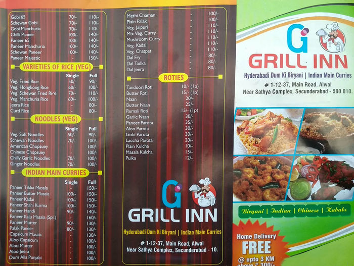 Grill Inn Menu and Price List for Alwal, Hyderabad