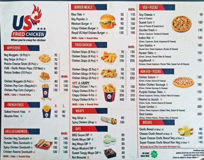 US Fried Chicken Menu and Price List 