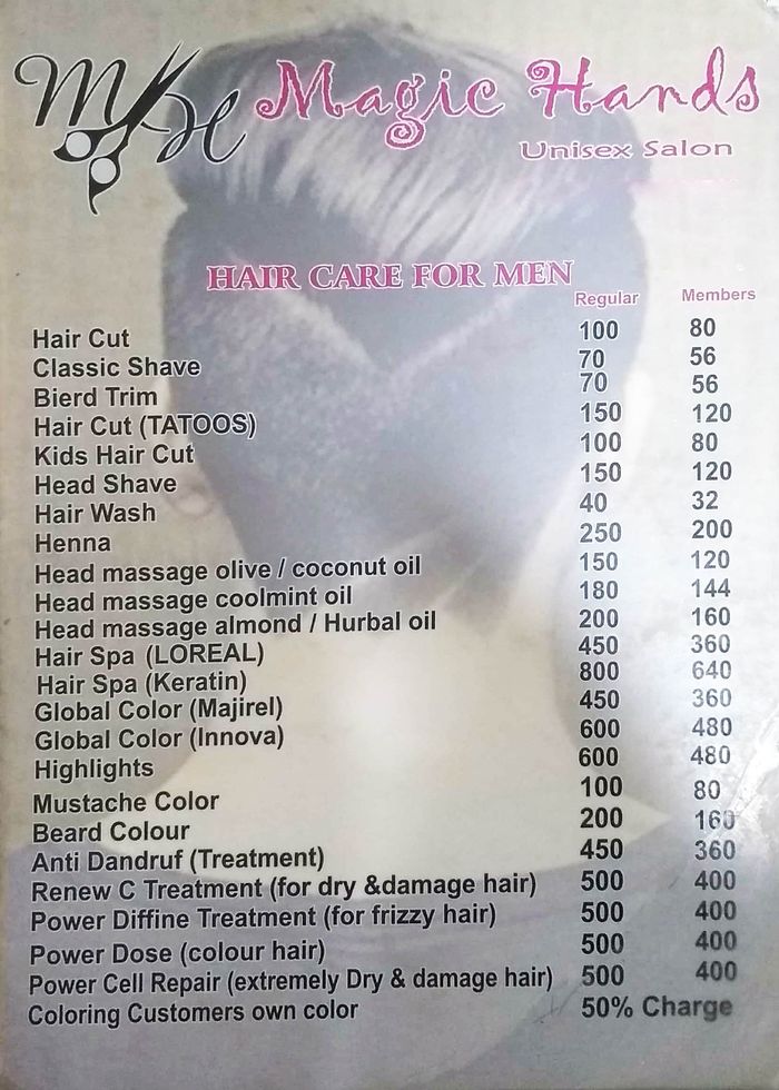 Magic Hands Unisex Salon Menu and Price List for HSR Layout, Bengaluru |  