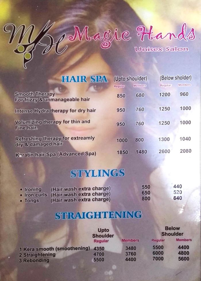 Magic Hands Unisex Salon Menu and Price List for HSR Layout, Bengaluru | Magic Hands Unisex Salon Menu and Price List for HSR Layout, Bengaluru |