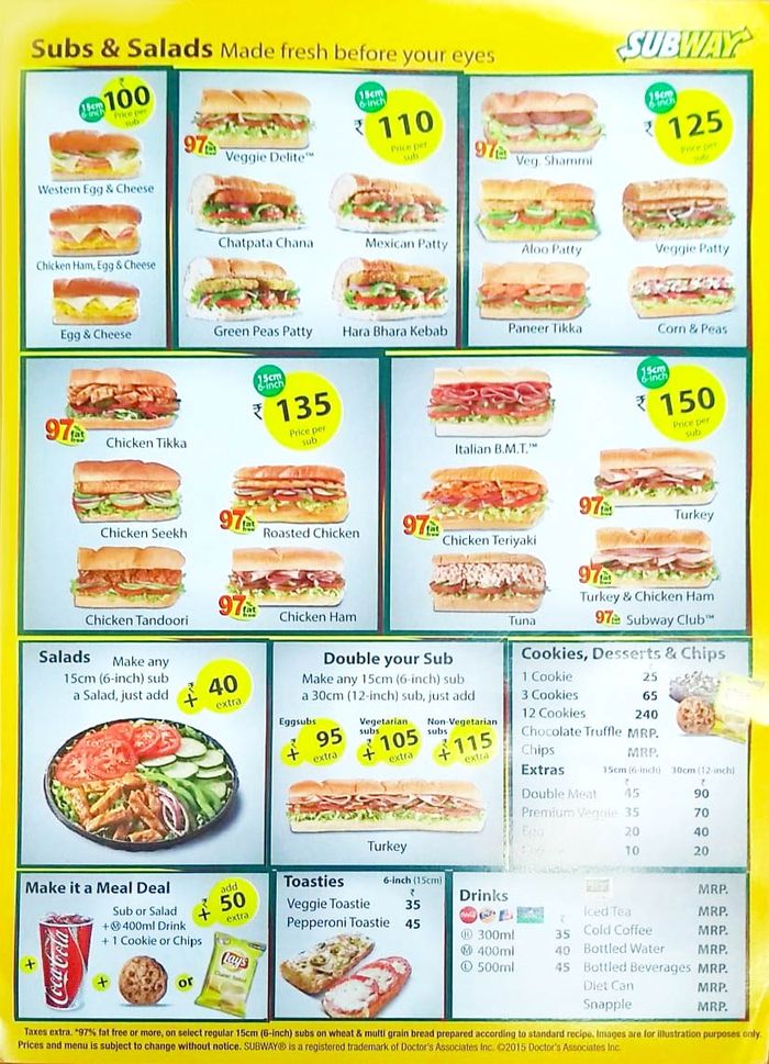 Subway Menu and Price List for Sardar Patel Road, Secunderabad