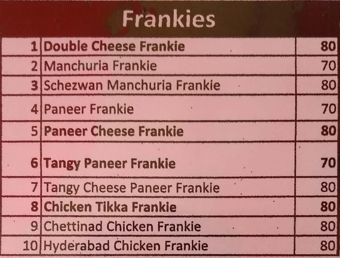 Franky Menu and Price List for Vivekananda Nagar, Hyderabad