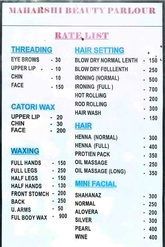 Maharshi Beauty Parlour Boutique Menu And Price List For Kondapur 