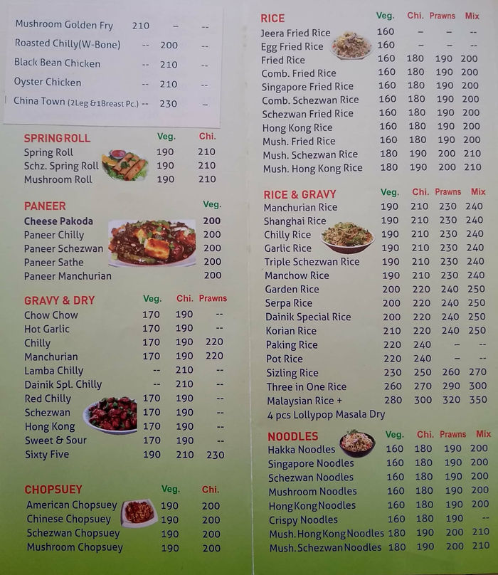 Dainik Chinese Corner Menu and Price List for Thane West, Thane ...