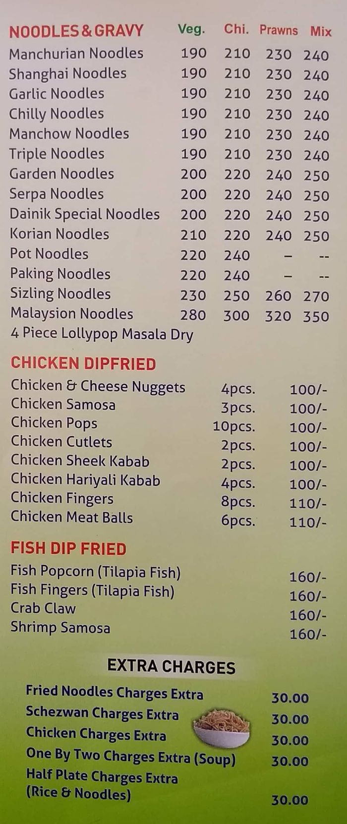 Dainik Chinese Corner Menu and Price List for Thane West, Thane ...