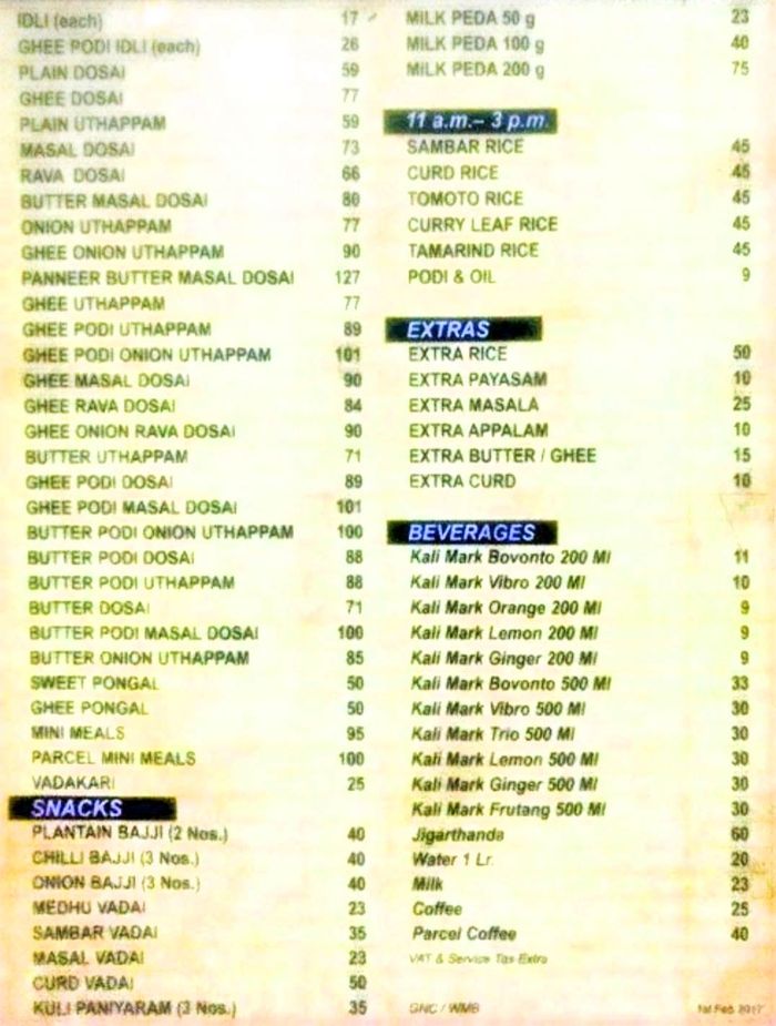 Murugan Idli Shop Menu Card