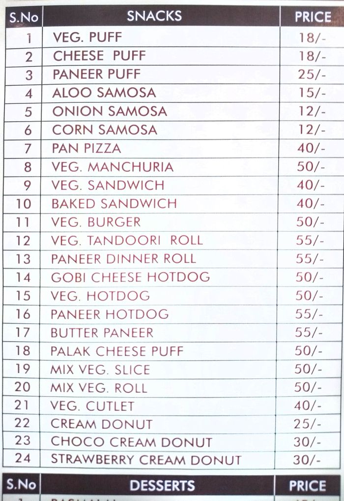 Swiss Castle Menu and Price List for Narayanguda, Hyderabad