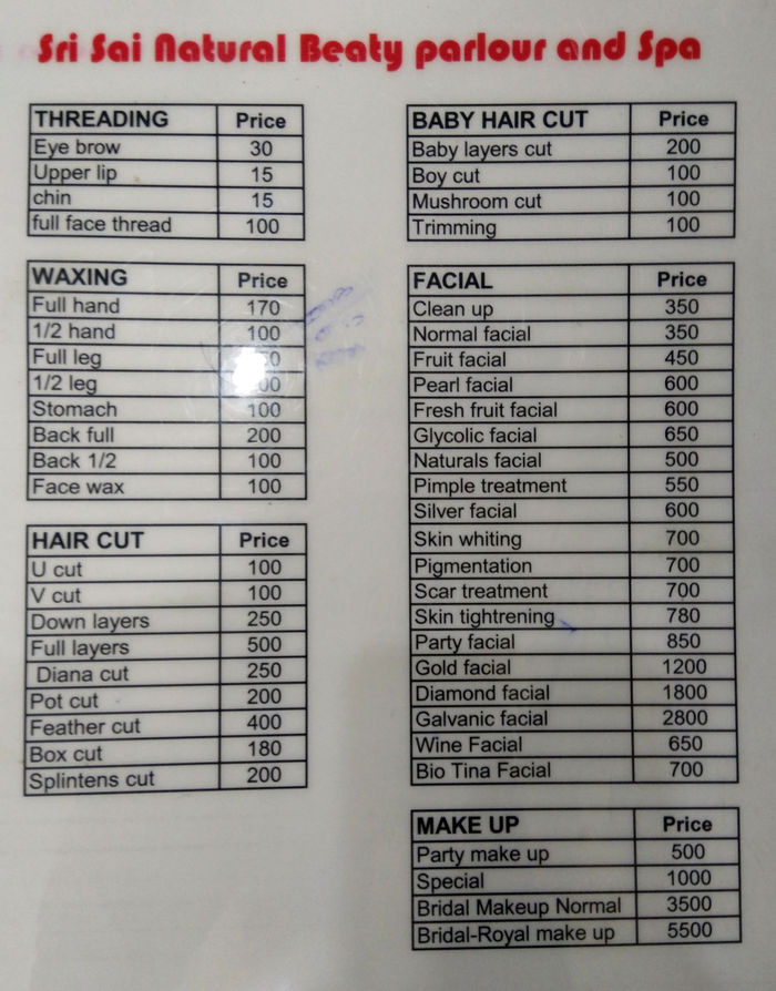 Sri Sai Naturals Menu and Price List for Pallikaranai, Chennai 