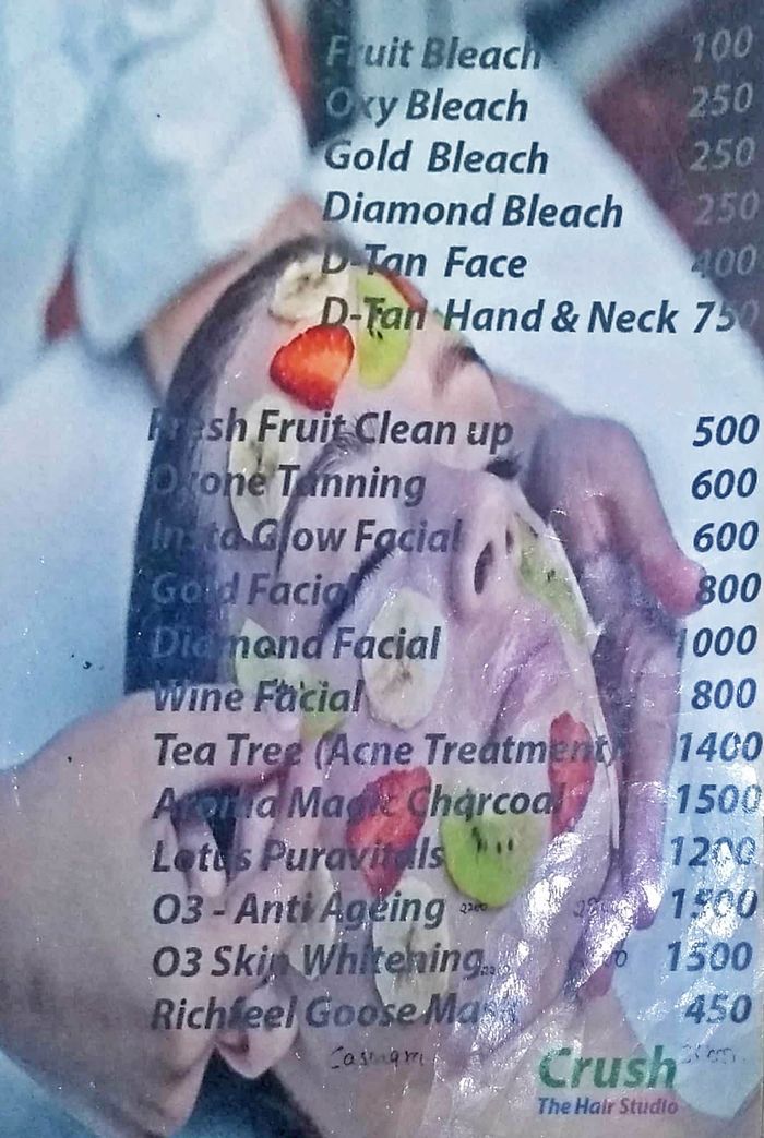 Crush Unisex Salon Menu and Price List for Sector 10A, Gurgaon 