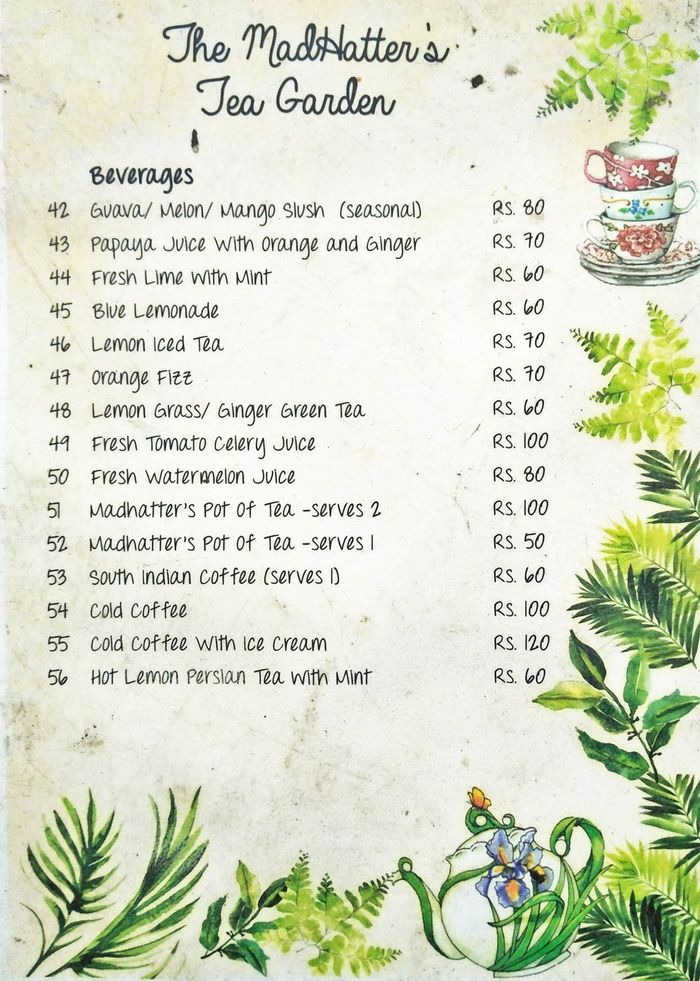 MadHatter's Tea Garden Menu and Price List for Chetpet, Chennai