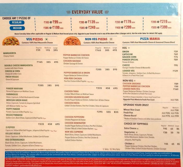 Domino's Pizza Menu and Price List for Vashi, Navi Mumbai