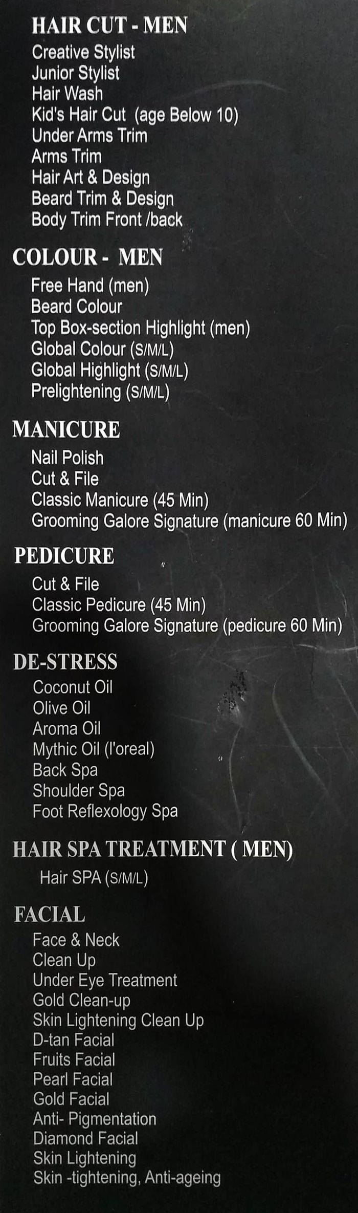 Grooming Galore Unisex Salon & Spa Menu and Price List for HSR Layout,  Bengaluru 