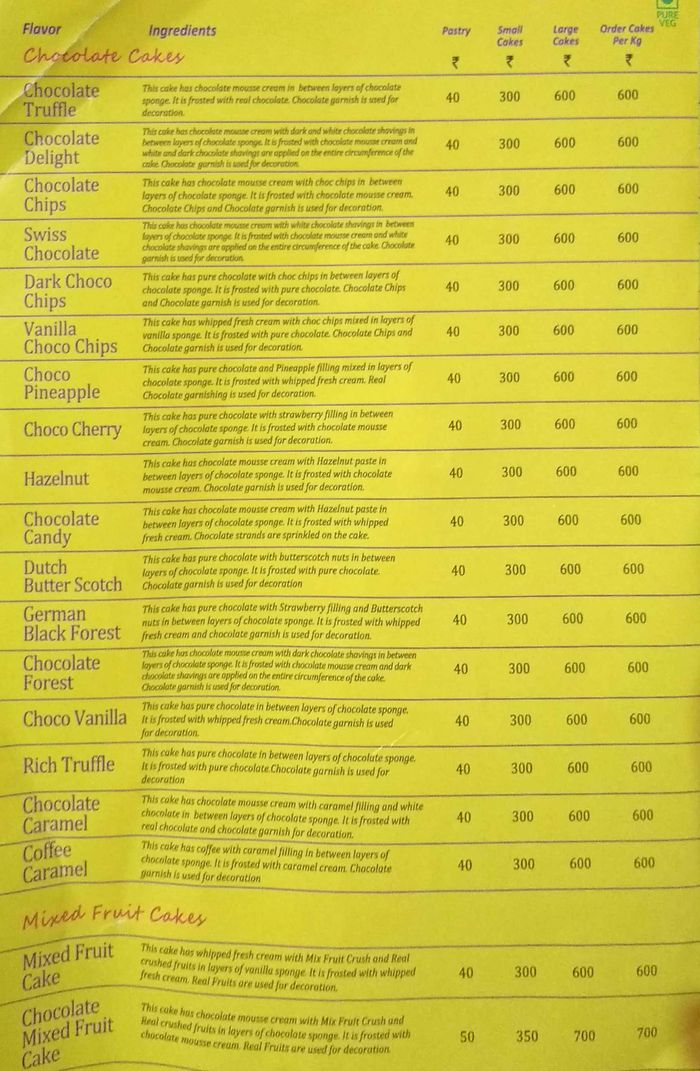 The Cake World Menu and Price List for Ghansoli, Navi Mumbai