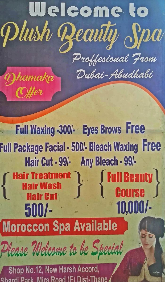 Plush Beauty Spa Menu and Price List for Mira Bhayandar, Thane