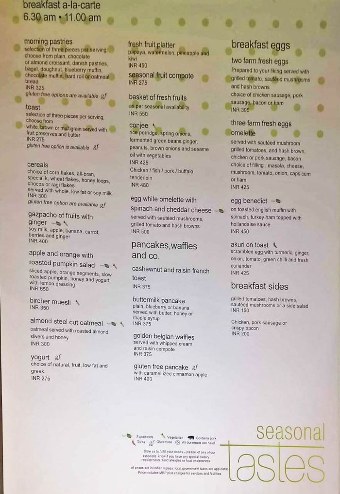 Seasonal Tastes The Westin Menu and Price List for Hitech City