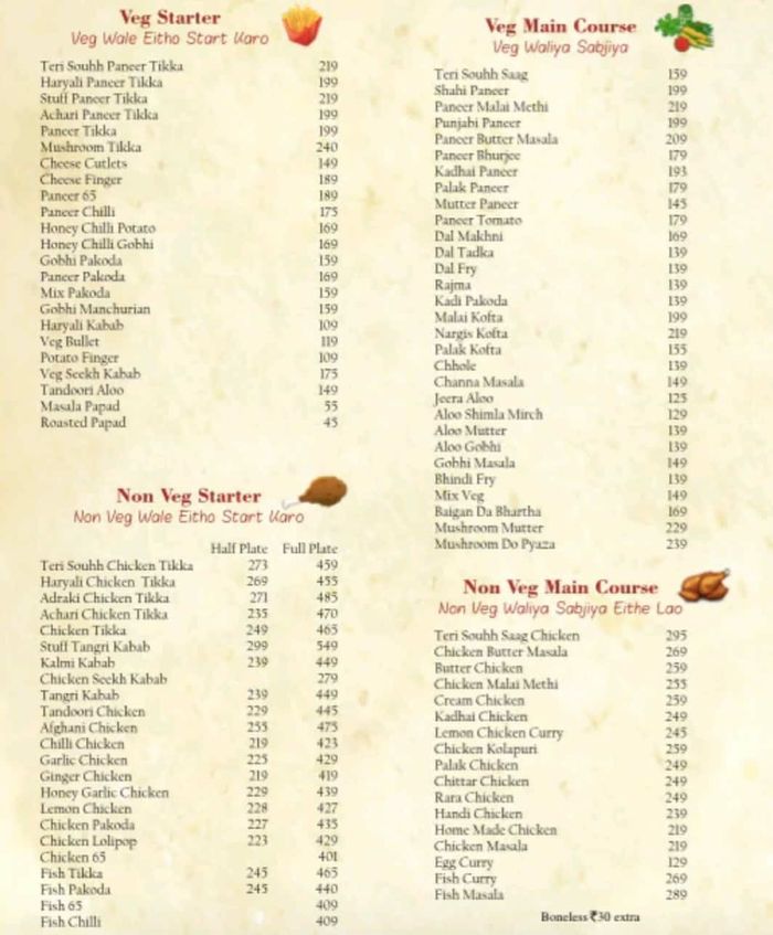 Bathinda Junction Menu and Price List for HSR Layout, Bengaluru