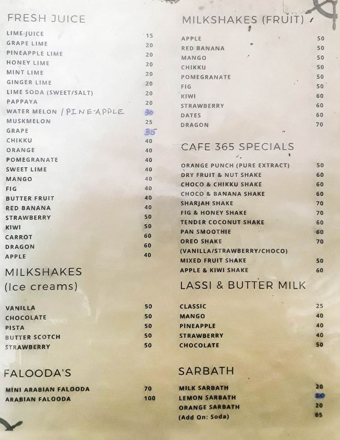 Cafe 365 Menu and Price List for Arumbakkam, Chennai | nearbuy.com