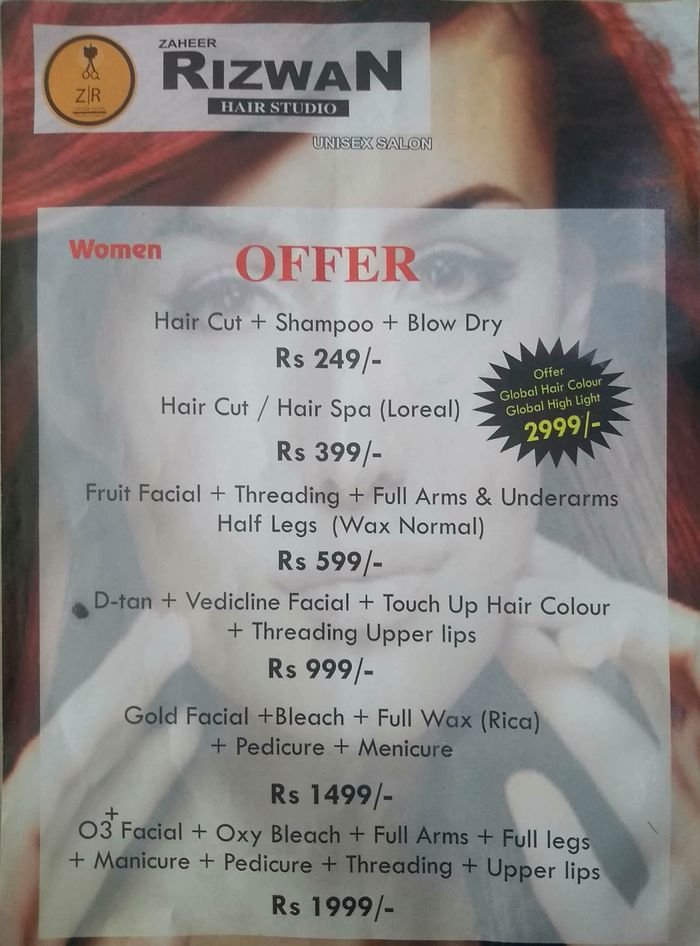 Zaheer Rizwan Hair Studio Unisex Salon Menu and Price List for New ...