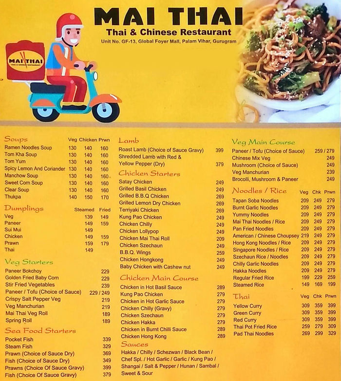 Mai Thai Menu and Price List for Palam Vihar, Gurgaon
