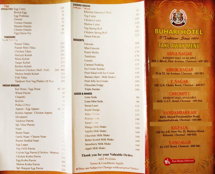 Buhari Hotel Menu and Price List for T Nagar, Chennai | nearbuy.com