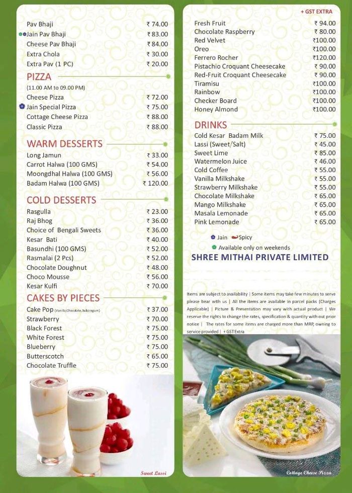 Shree Mithai Menu and Price List for Nungambakkam, Chennai
