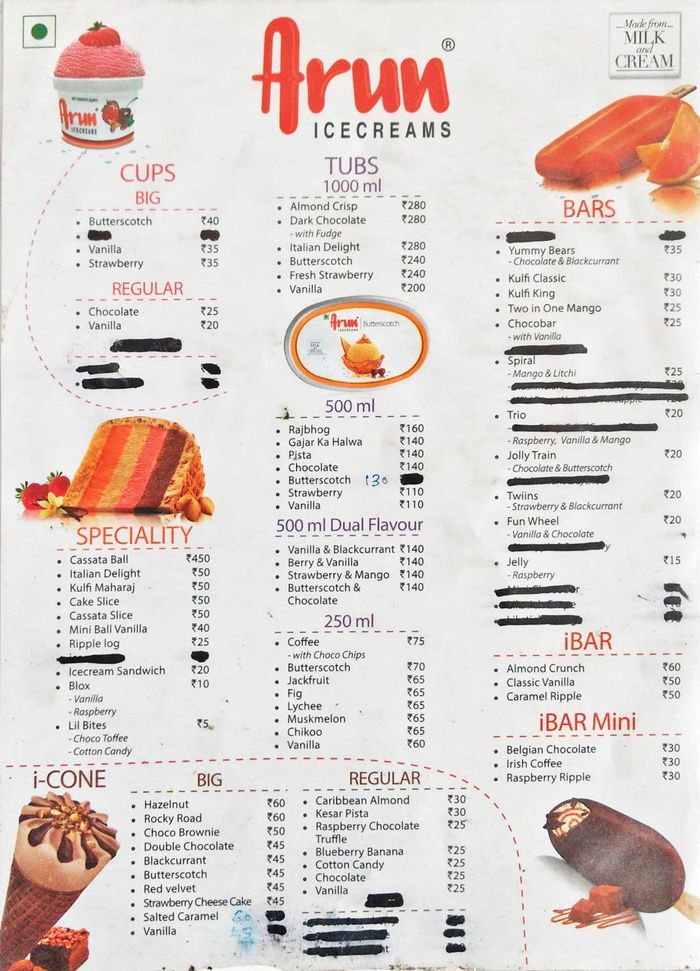 Arun Ice Creams Menu and Price List for Avadi, Chennai