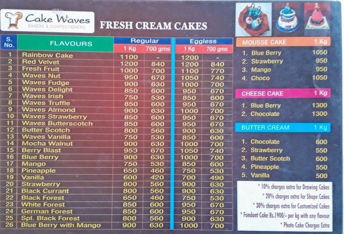 Cake Waves Menu and Price List for Maduravoyal, Chennai