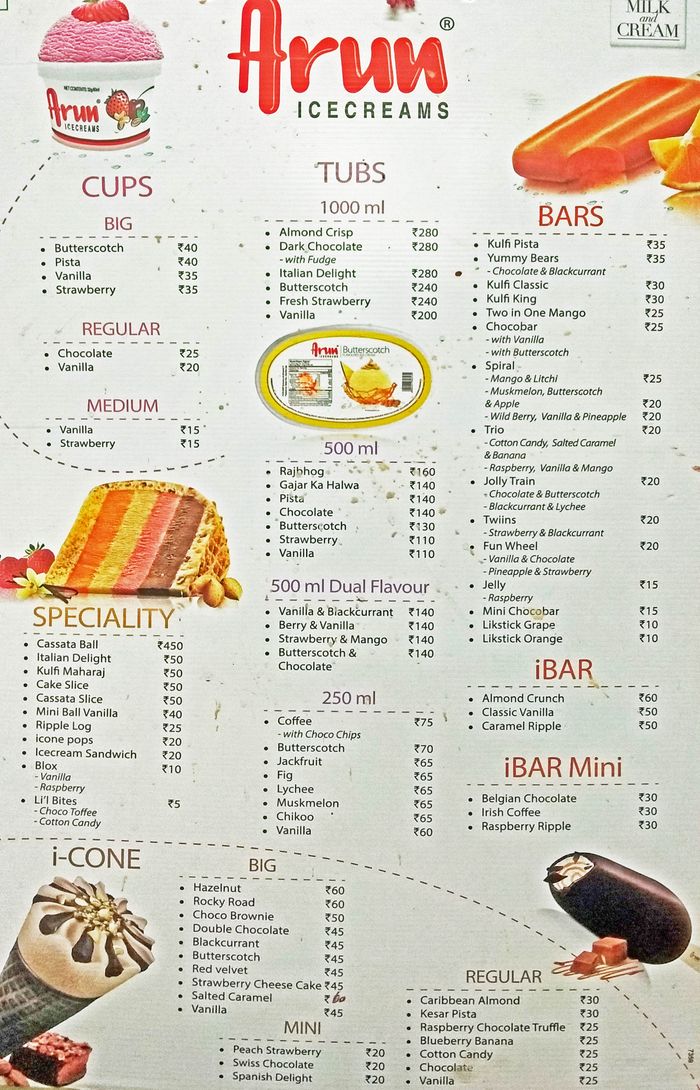 Arun Ice Creams Menu and Price List for Ambattur, Chennai